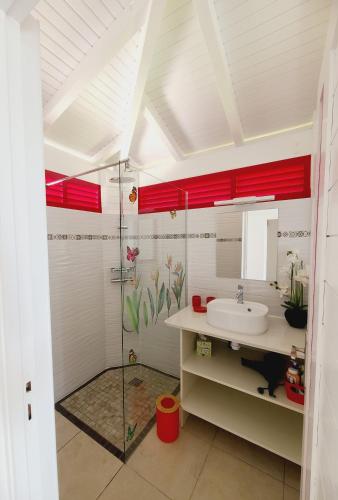 a bathroom with a sink and a shower at Pipirite Chantant - Studios Vue Mer in Sainte-Rose