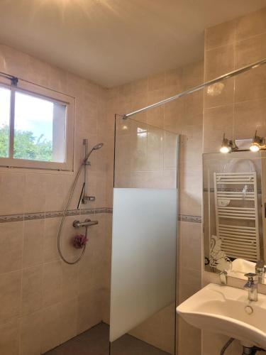 une salle de bain avec douche et lavabo dans l'établissement Villa Clair Soleil au cœur de la Toscane Occitane, à Lisle-sur-Tarn