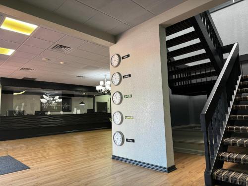 a row of clocks on a wall in a lobby at Alexis Hotel & Banquets Dallas Park Central Galleria in Dallas