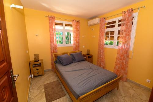 a bedroom with a bed and two windows at vue sur la montagne in Pointe-Noire