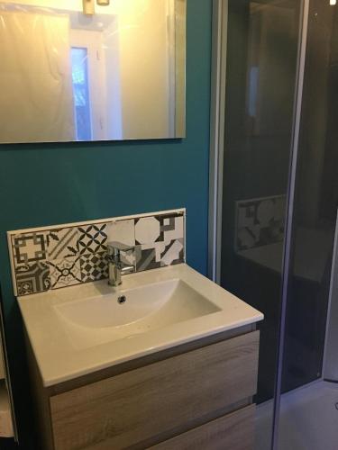 une salle de bain avec un lavabo et une douche dans l'établissement La maison d'en face, à Valliquerville