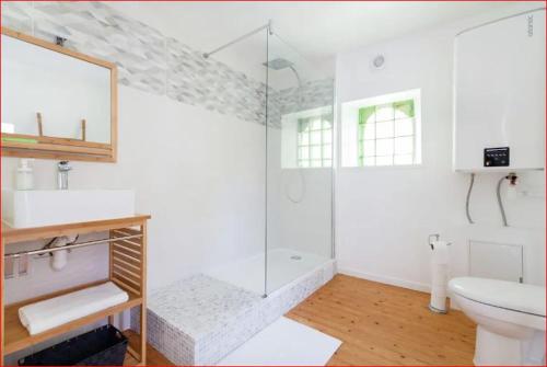 une salle de bain avec une douche, un lavabo et des toilettes dans l'établissement Prolongez la magie aprés DisneyLand Paris, à Saint-Germain-sur-Morin