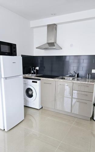 Il comprend une cuisine équipée d'un réfrigérateur blanc et d'un lave-linge. dans l'établissement Charmant studio 