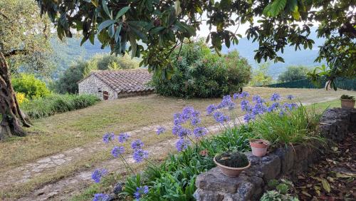 a garden with purple flowers and a stone wall at Bastide de Nartas in Tourrettes-sur-Loup