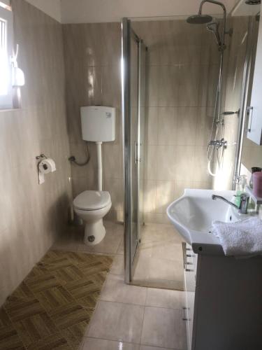 a bathroom with a shower and a toilet and a sink at Very spacious - fully air conditioned - apartment nearby Vir bus station in Vir