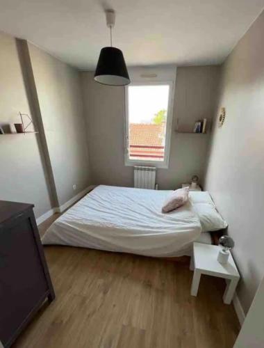 une chambre avec un grand lit et une fenêtre dans l'établissement Appartement 2 chambres-garage Lyon Montchat, à Lyon