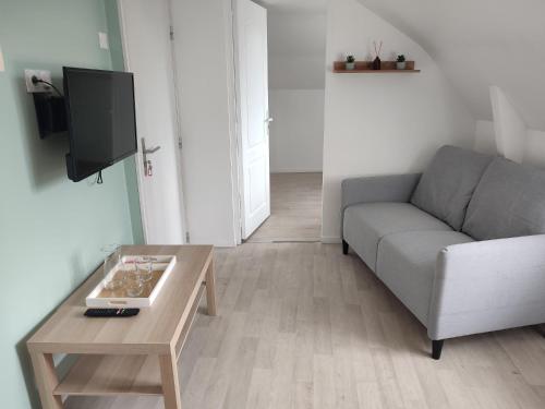 a living room with a couch and a coffee table at Appartement centre-ville in Vierzon
