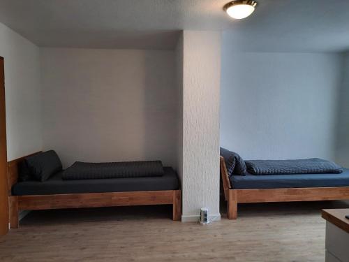 two beds in a room with blue pillows at Monteurwohnung - Handwerkerwohnung Jesse Bad König in Bad König