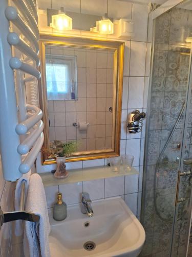 a bathroom with a sink and a mirror and a shower at Rohonci Vendégház in Kőszeg