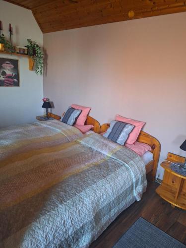 two beds in a bedroom with pink pillows at Rohonci Vendégház in Kőszeg