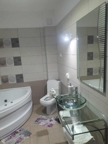 a bathroom with a sink and a toilet and a glass table at SYS Apartament in Constanţa
