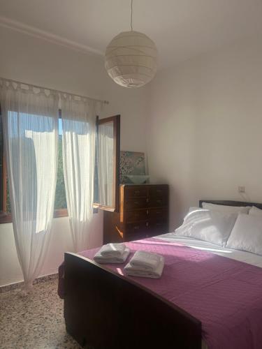 a bedroom with a bed with purple sheets and a window at A casa d Irene in Koropi