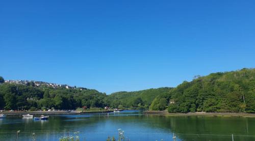a river with boats in the water and trees at Driftwood in Looe River view and parking in Looe