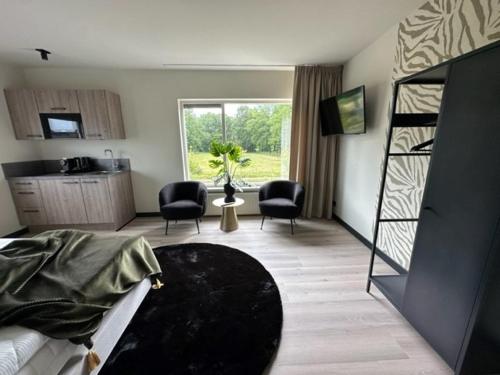 a living room with a bed and chairs and a kitchen at Boutique Hotel Villa Elise in Winterswijk