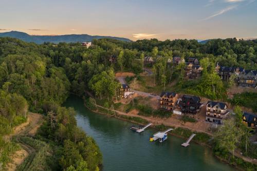 an aerial view of a resort on a river at Jolene Lookout in Dandridge