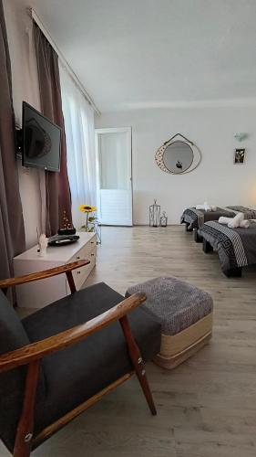 a living room with two beds and a tv at Odisea House in Ljubaništa