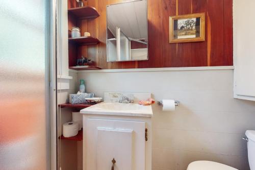 a bathroom with a white sink and a mirror at Walk to Town! Dog-Friendly Quincy Getaway w/ Deck in Quincy