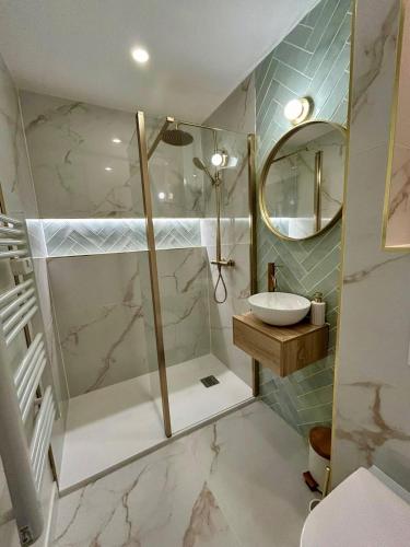une salle de bain avec douche et lavabo dans l'établissement Superbe studio centre ville, à La Rochelle