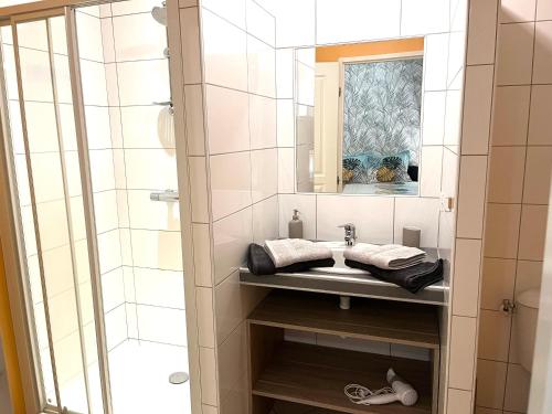 une salle de bain avec un lavabo et un miroir dans l'établissement Magnifique appartement, au Puy-en-Velay