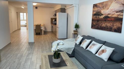 un salon avec un canapé bleu et une table dans l'établissement Appartement 105m2 intramuros centre ville Avignon, à Avignon