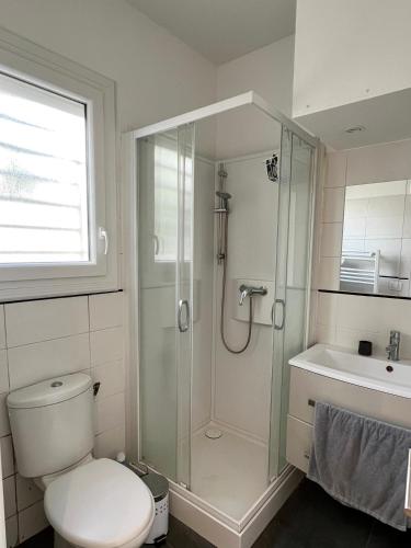 une salle de bain avec une douche, des toilettes et un lavabo dans l'établissement A deux pas du Stade de France, à La Courneuve