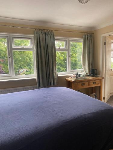 a bedroom with a large blue bed and windows at Borderers Inn in Brecon