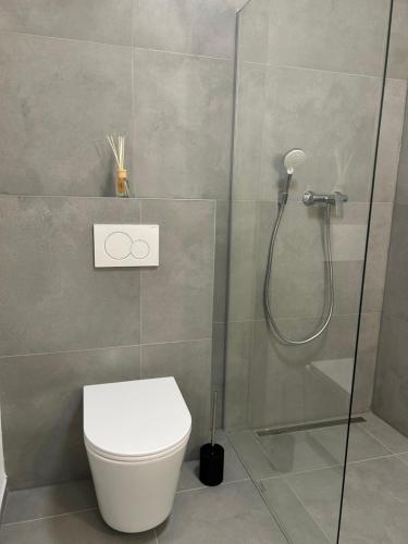 a bathroom with a toilet and a glass shower at AR SANTORINI white in Košice