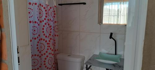 a bathroom with a toilet and a sink and a shower at Terras de Bragança in Bragança Paulista