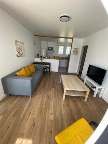 un salon avec un canapé et une table dans l'établissement La maison des rêves t4 avec jardin, à Poitiers