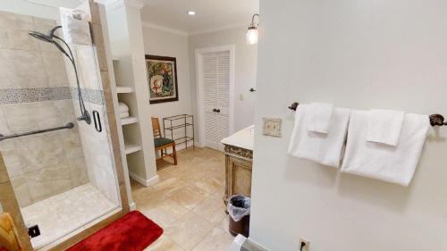 a bathroom with a shower and a sink at Thornes Downtown Delight - WiFi - Satellite - Washer - Dryer - Fireplace - Fenced In Back Yard in Red River