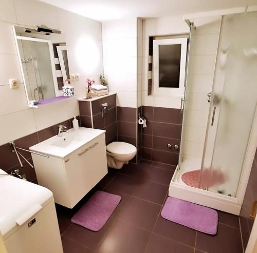 ein Badezimmer mit Waschbecken, Toilette und Dusche in der Unterkunft Apartments by the sea Jelsa, Hvar - 4017 in Jelsa