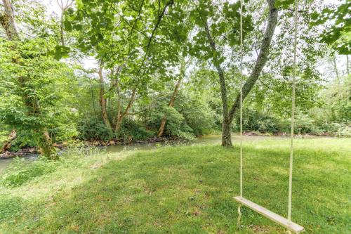 a swing in the grass next to a river at Waterfront Cabin in Ellijay Hot Tub and Game Room in Ellijay