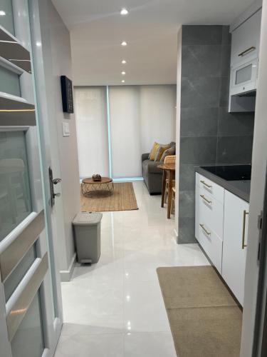 Il comprend une petite cuisine et un salon avec un canapé. dans l'établissement Acogedor Alojamiento Turístico Isla Verde, à San Juan