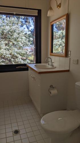 a bathroom with a sink and a toilet and a window at Whispering Moon Cottage in Orange