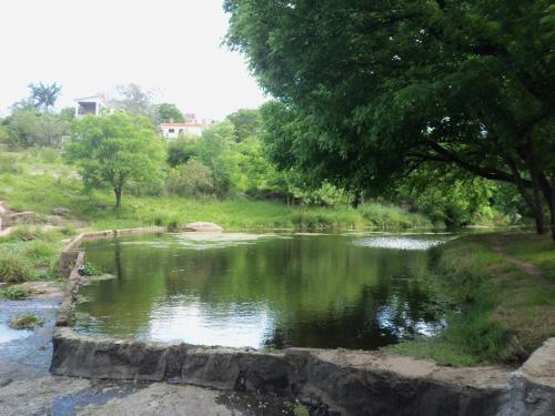 a pond of water in a field with trees at Cabaña NANO in Tanti