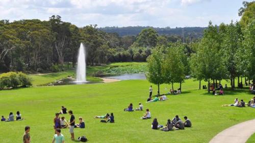 people sitting in the grass in a park with a fountain at Tranquil Garden view Room Macquiare Marsfield Eastwood in Sydney