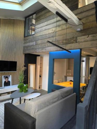 un salon avec un canapé et une table dans l'établissement Ville/Vieille ville appartement climatisé au calme, à Annecy