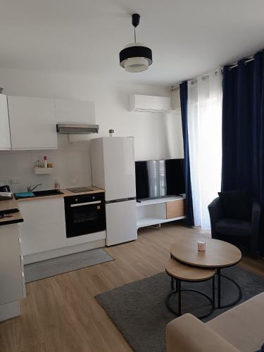 une cuisine et un salon avec une table dans la chambre dans l'établissement Nice promenade des anglais, à Nice