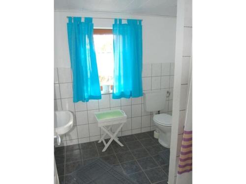 a bathroom with a toilet and a window with blue curtains at LUV and LEE Comfortable holiday residence in Wesselburenerkoog