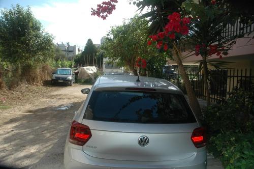 a silver car parked next to a tree with red flowers at Mare - Mare B in Patra