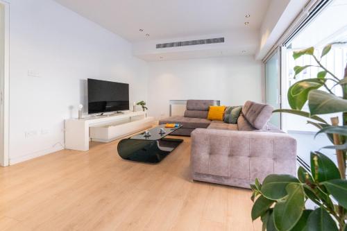 a living room with a couch and a tv at Deluxe Downtown with spacious balcony in Nicosia