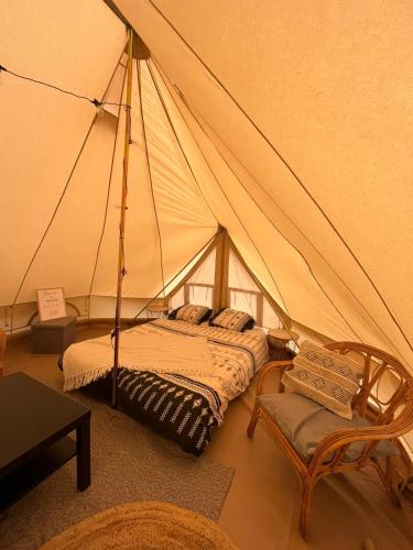 une tente avec 2 lits et une chaise dans une chambre dans l'établissement Refuge de la banne, à Murat-le-Quaire