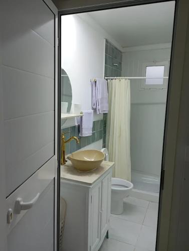 a bathroom with a bowl sink and a toilet at Au bout du jardin in Carthage