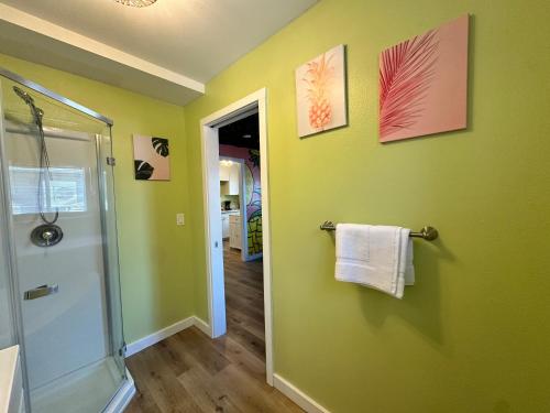 a bathroom with green walls and a shower and towels at Sandia in Salem