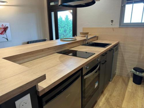a kitchen with a wooden counter top with a sink at Les hyacinthes 7 in Sarlat-la-Canéda