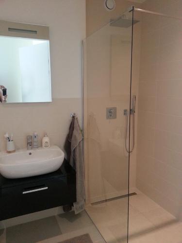 a bathroom with a sink and a shower at BONNIES Beach & Spa DuinNest in Cadzand-Bad