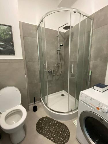 a bathroom with a shower with a toilet and a sink at Green Rooms Gdańsk in Gdańsk