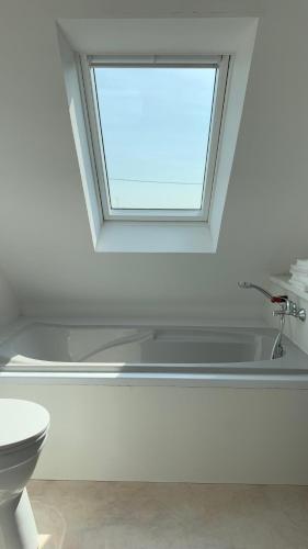 une salle de bain avec toilettes et fenêtre dans l'établissement Dépendance bord de mer, à Plozévet