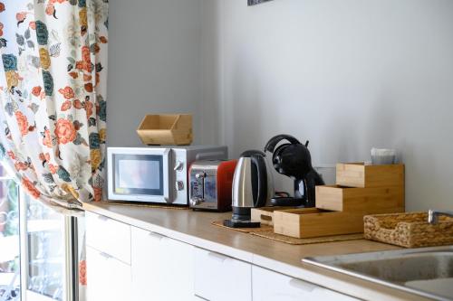 a kitchen counter with a microwave and appliances on it at GuestHouse o Affittacamere Magenta Baylon Suite in Rome