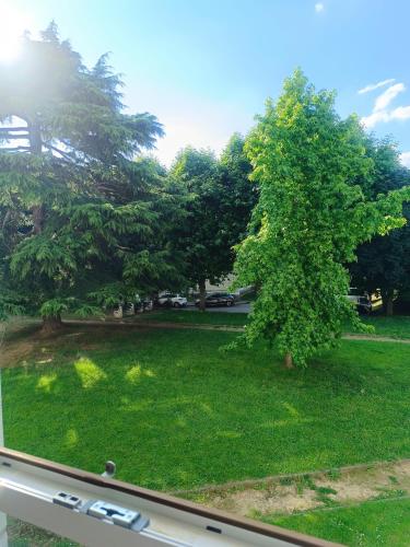 a window view of a park with a tree at Private Room in Cozy Homestay - Line 14, Direct Access to Paris - Airport Orly in Chevilly-Larue